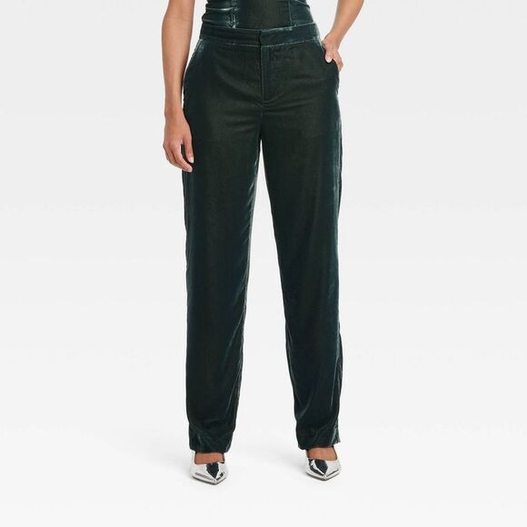 A New Day - Women's High-Rise Straight Leg Velvet Trousers - A Green - Picture 1 of 3